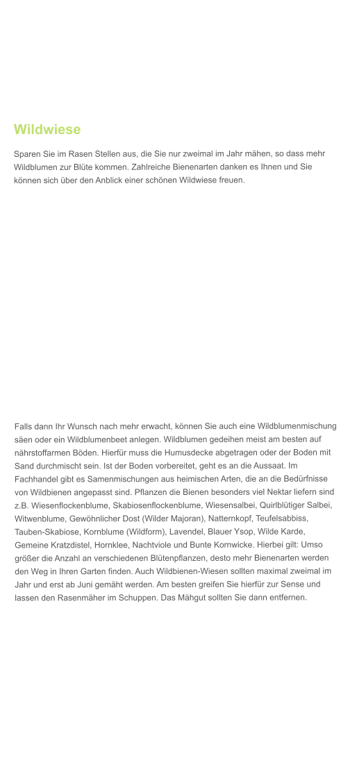 Wildwiese Sparen Sie im Rasen Stellen aus, die Sie nur zweimal im Jahr mhen, so dass mehr Wildblumen zur Blte kommen. Zahlreiche Bienenarten danken es Ihnen und Sie knnen sich ber den Anblick einer schnen Wildwiese freuen.       Falls dann Ihr Wunsch nach mehr erwacht, knnen Sie auch eine Wildblumenmischung sen oder ein Wildblumenbeet anlegen. Wildblumen gedeihen meist am besten auf nhrstoffarmen Bden. Hierfr muss die Humusdecke abgetragen oder der Boden mit Sand durchmischt sein. Ist der Boden vorbereitet, geht es an die Aussaat. Im Fachhandel gibt es Samenmischungen aus heimischen Arten, die an die Bedrfnisse von Wildbienen angepasst sind. Pflanzen die Bienen besonders viel Nektar liefern sind z.B. Wiesenflockenblume, Skabiosenflockenblume, Wiesensalbei, Quirlbltiger Salbei, Witwenblume, Gewhnlicher Dost (Wilder Majoran), Natternkopf, Teufelsabbiss, Tauben-Skabiose, Kornblume (Wildform), Lavendel, Blauer Ysop, Wilde Karde, Gemeine Kratzdistel, Hornklee, Nachtviole und Bunte Kornwicke. Hierbei gilt: Umso grer die Anzahl an verschiedenen Bltenpflanzen, desto mehr Bienenarten werden den Weg in Ihren Garten finden. Auch Wildbienen-Wiesen sollten maximal zweimal im Jahr und erst ab Juni gemht werden. Am besten greifen Sie hierfr zur Sense und lassen den Rasenmher im Schuppen. Das Mhgut sollten Sie dann entfernen.